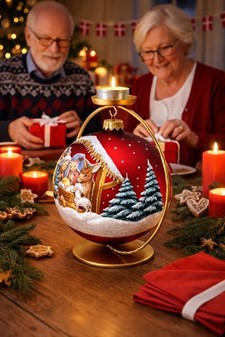 Den flotteste mørkerød mat, stor julekugle med julekrybbe, Ø 15 cm