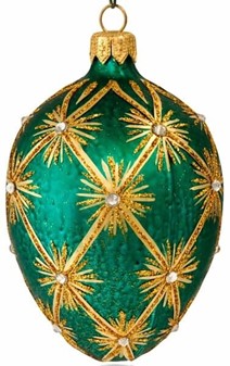 Håndmalet jule glas pynt i grøn Fabergé æg form. Julefigur H: 13 cm