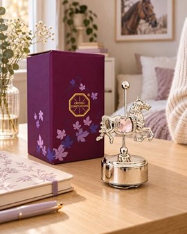 Forsølvet spilledåse med karruselhest og Swarovski-krystaller