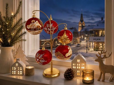 Julekugler i rødt porcelæn farve med gyldne julemotiver, Ø 8 cm 6 stk