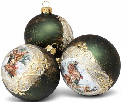 Nostalgiske matgrønne julekugler med børn og snemand. Ø 8 cm, 6 stk