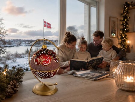 Eksklusiv, årets smukkeste, rigt dekoreret rød julekugle, Ø 10 cm