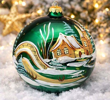 Fantastiske glas julekugle i funklende grøn med vintermotiv. Ø 20 cm