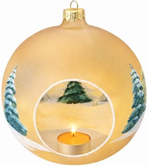 Jule glas lanterne i guld gennemsigtig mat med vinterhytter. Ø 15 cm