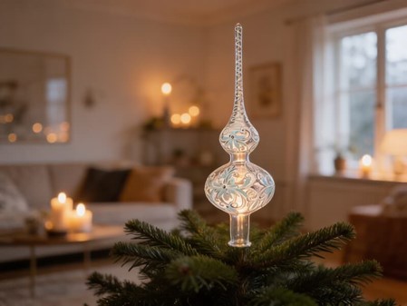 Top spir gennemsigtig med hvid dekoration. Juletræstop spir glas 35 cm
