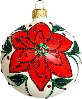 Juleglaskugle i hvid med rød blomst og grøn dekoration. Ø 8 cm. 6 stk