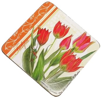 GAVE TIL SØSTER. Yndig kork bordskånere med røde tulipaner