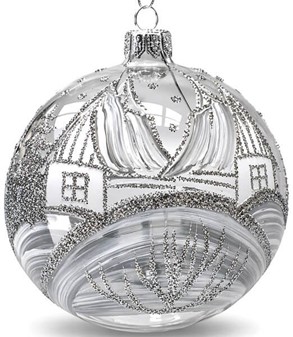 Julekugler med motiv. Sølv hytter på gennemsigtigt glas, Ø 10 cm 6 stk