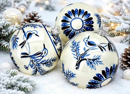 Unikke håndmalede julekugler i porcelæns-look med blå fugle. 8cm, 6stk