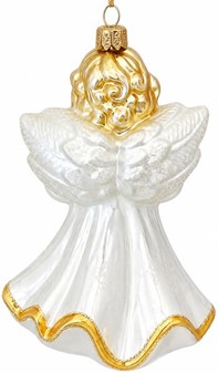 Jule glas figur fra Polen. Sød engel i hvid med klokke. H: 16 cm