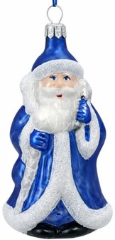 Julepynt online shop. Polsk glas figur af julemand i blå pels. H 11 cm