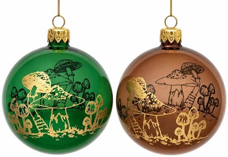 Juletræspynt glas. Gennemsigtig grøn julekugle med svampe, Ø 8 cm