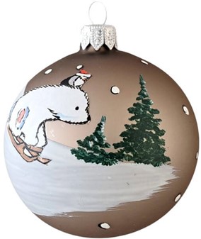 Sjove julekugler i mørkegrå med en hvid bjørn på kælk. Ø 8 cm, 6 stk