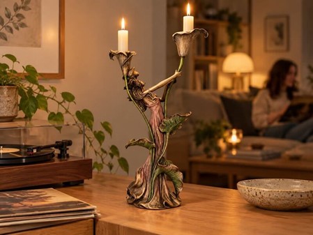 GOD BRYLLUPSGAVE. Art Nouveau lysestage - figur, en kvinde med lilje