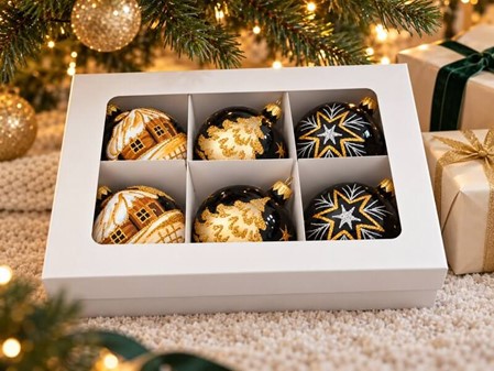 Sorte julekugler med tre forskellige julemotiver i guld, Ø 8 cm 6 stk