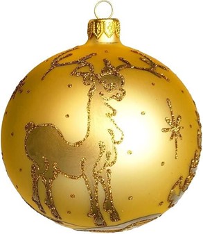 Juletræspynt. Flotte julekugler glas guld med julemotiver. Ø 10cm 6stk