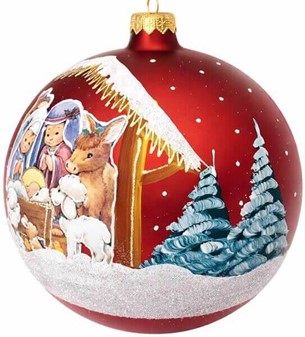 Den flotteste mørkerød mat, stor julekugle med julekrybbe, Ø 15 cm