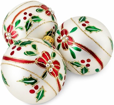 Mundblæst glas julepynt. Julekugler i porcelæn hvid med rød blomst
