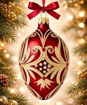 Smuk, glas julepynt i vin rød Fabergé æg form. Julefigur H: 13 cm
