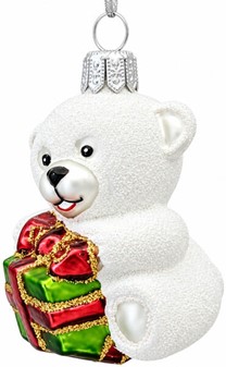Håndlavet julepynt. Hvid lille bamse til at hænge på juletræet. 7 cm
