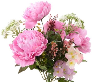 Flot og billig kunstig blomsterbuket af lyserød hortensiaer og pæoner