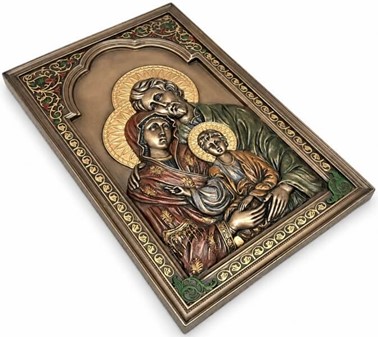 Den Hellige Familie Ikon. Bronze vægdekoration med religiøs betydning