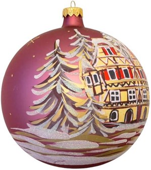 Stor julekugle glas i lyserød mat med hus og vinterlandskab. Ø 15 cm