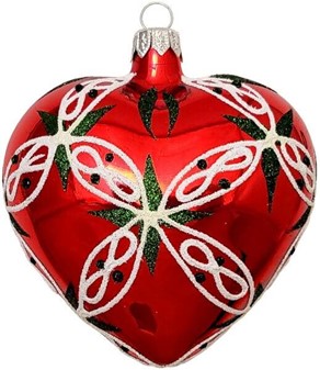 Jule glas hjerte i rød blank med guld og grøn dekoration. 10 cm, 4 stk