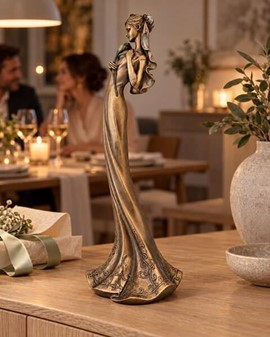 BRYLLUPSFIGURER. Smuk bronze skulptur af brudepige med lilje
