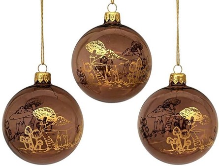 Brune Julekugler. Gennemsigtige julekugler blank med gyldne svampe