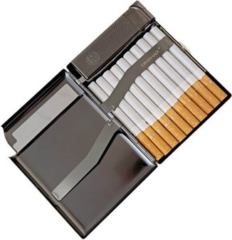 Metal Cigarettetui med Lighter. Tigerdesign, rød flamme. Til 20 stk