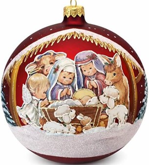 Den flotteste mørkerød mat, stor julekugle med julekrybbe, Ø 15 cm