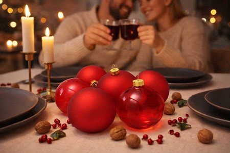 Røde glas julekugler. Sæt med 3 matte og 3 gennemsigtige, Ø 7 cm