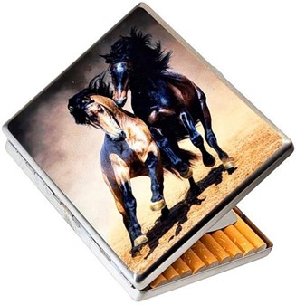 CIGARETETUIER METAL. Smukke heste i galop på billige cigaretetuier