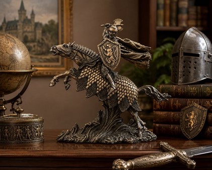 Majestætisk bronzefigur af middelalder ridder på hest. Til stuepynt