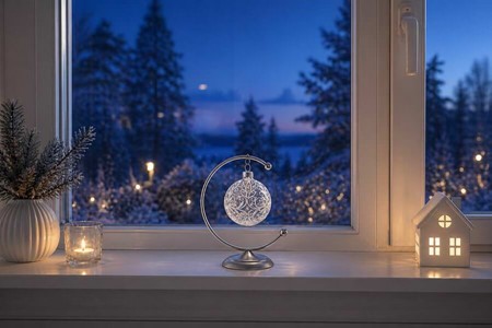 Julepynt, glas julekugler gennemsigtig mat med hvid dekoration. Ø 10cm