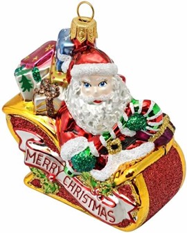 Julefigur. Fantastisk glasfigur af julemanden i slæde til juletræ