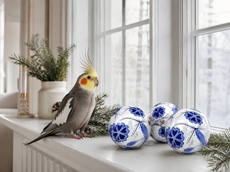 Juledekorationer i glas. Julekugler i porcelæn hvid med blå blomster