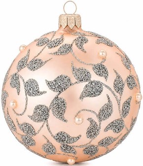 Laksefarvede julekugler med sølvglitter plantemotiver. Ø 10 cm, 6 stk