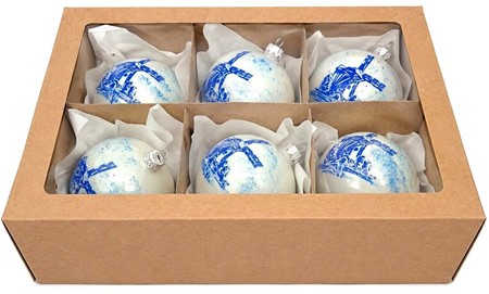 Billig julepynt. Julekugler i porcelæn hvid med hollandsk vindmølle