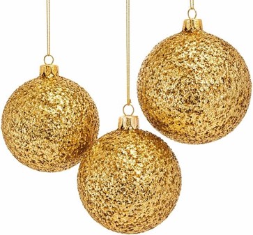 Billige, polske glas julekugler i gylden glitter. Ø 8 cm, 6 stk