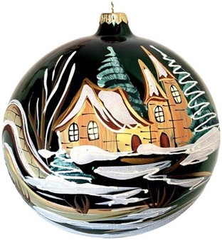 Fantastiske glas julekugle i funklende grøn med vintermotiv. Ø 20 cm