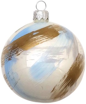 Julekugler i hvid emalje med blå, guld og sølv striber. Ø 8 cm, 6 stk