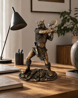 Viking figur. Bronzefigur af mægtige kriger, der svinger sin økse