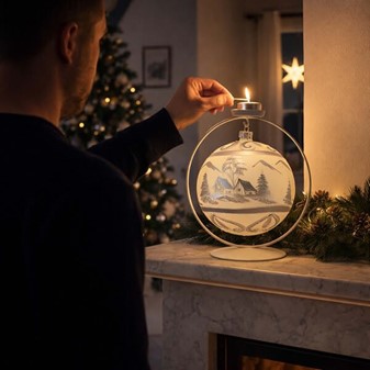 Unik stor mælkefarvet julekugle mat med sølv vinterlandskab. Ø 15 cm