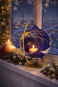 Unik blå glas julekugle i form lysestage-lanterne med guld vintermotiv