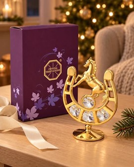 Forgyldt hestesko med Swarovski-krystaller. For heldigvis