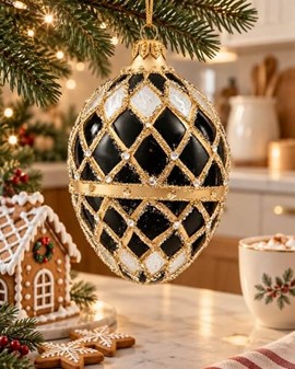 SORT JULEPYNT. Eksklusiv Fabergé-inspireret Julepynt i Håndmalet Glas