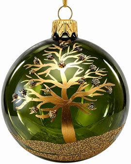 Gennemsigtig grøn glas julekugle blank med gyldent træ, Ø 8 cm 6 stk