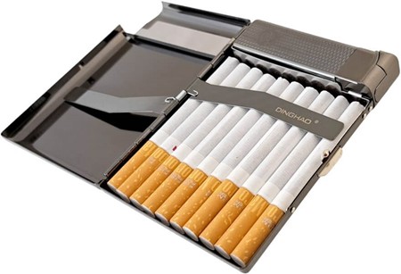 Cigaret etui metal med lighter – grafitdesign til 20 cigaretter
